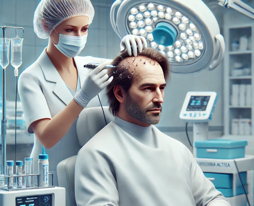 Regenera-Activa-hair-treatment-session-in-a-modern-medical-clinic.-The-scene-shows-a-middle-aged-man-with